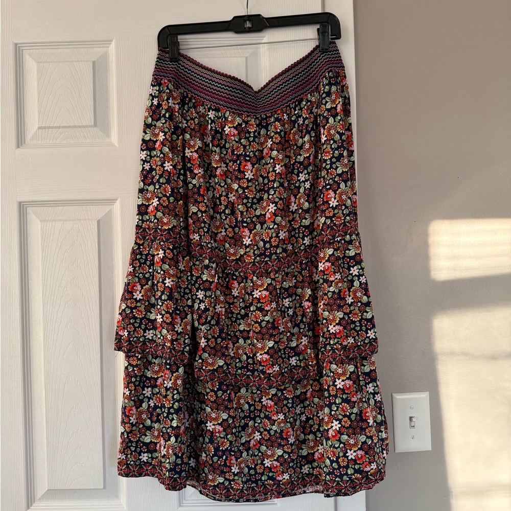 Rafaella Floral Ruffle Layered Pleated Midi Skirt Flowy Versatile